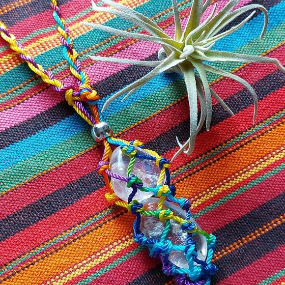 Hand Crafted Jewelry - Macrame Knot-ical Net, Quartz Crystal Necklace, Rainbow, Rust Belt Raised